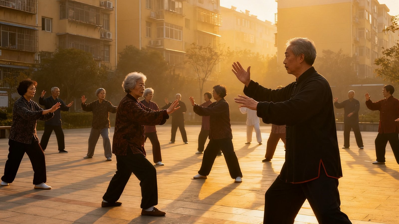 清晨社区广场上，二十余位老年居民在指导员的带领下练习太极拳，队形整齐，晨光柔和，背景是社区楼宇。
