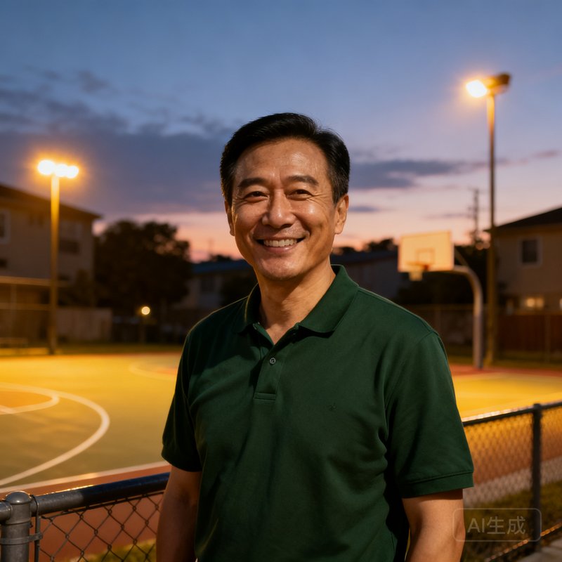 球探体育创始人张明远，40岁男性，身穿深绿色Polo衫，面带微笑站在社区篮球场边，背景是傍晚的天空和球场灯光。