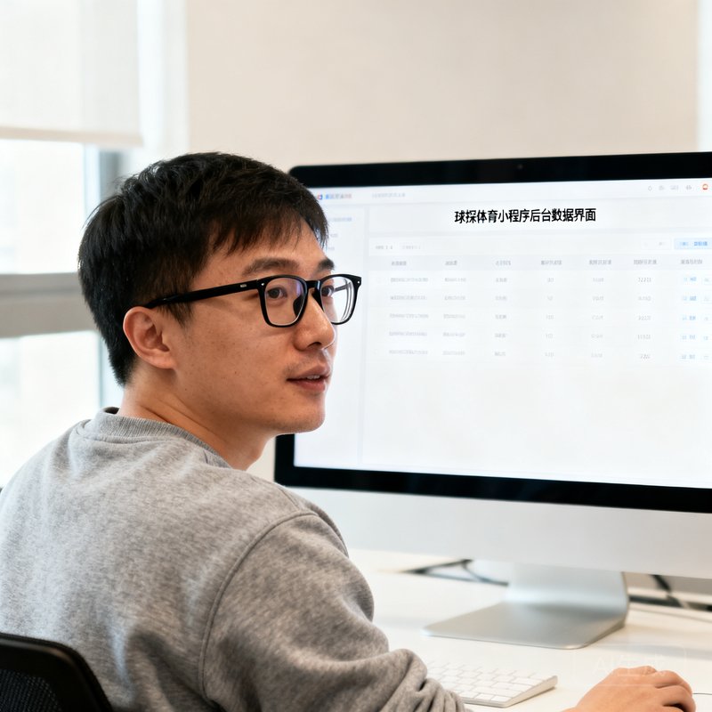 技术开发负责人陈宇，32岁男性，戴黑框眼镜，身穿灰色卫衣坐在电脑前，屏幕上显示着球探体育小程序的后台数据界面。